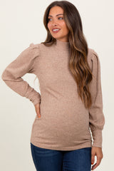 Mocha Ribbed Mock Neck Bubble Sleeve Maternity Top