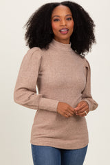 Mocha Ribbed Mock Neck Bubble Sleeve Top