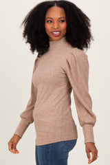 Mocha Ribbed Mock Neck Bubble Sleeve Top