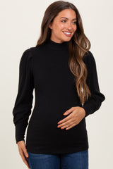 Black Ribbed Mock Neck Bubble Sleeve Maternity Top