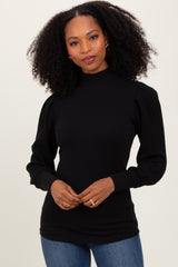 Black Ribbed Mock Neck Bubble Sleeve Top