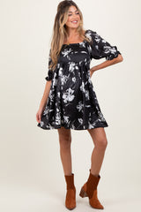 Black Satin Floral Square Neck Maternity Mini Dress