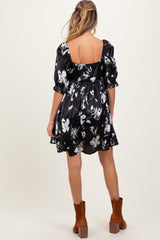 Black Satin Floral Square Neck Maternity Mini Dress