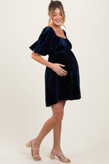 Navy Crushed Velvet Puff Sleeve Maternity Mini Dress