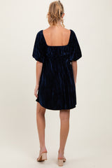 Navy Crushed Velvet Puff Sleeve Maternity Mini Dress