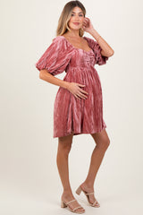 Mauve Crushed Velvet Puff Sleeve Maternity Mini Dress