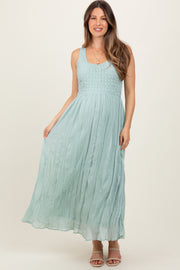 Light Olive Textured Smocked Bodice Sleeveless Maternity Maxi Dress