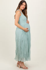 Light Olive Textured Smocked Bodice Sleeveless Maternity Maxi Dress