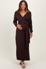 Brown Wrap Side Slit Midi Sweater Maternity Dress