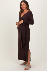 Brown Wrap Side Slit Midi Sweater Maternity Dress