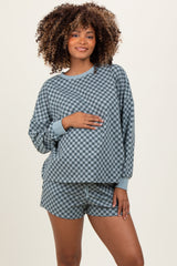 Dark Teal Checkered Plaid Pullover Shorts Maternity Set