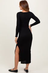 Black Knit Side Slit Lettuce Trim Maxi Dress