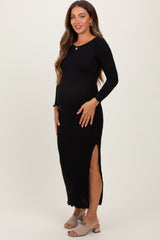 Black Knit Side Slit Lettuce Trim Maternity Maxi Dress