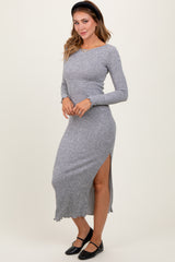 Heather Grey Knit Side Slit Lettuce Trim Maxi Dress