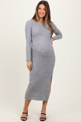 Heather Grey Knit Side Slit Lettuce Trim Maternity Maxi Dress