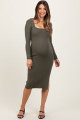 Olive Knit Square Neck Side Slit Maternity Midi Dress