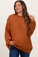 Camel Oversized Crewneck Melange Knit Maternity Sweater