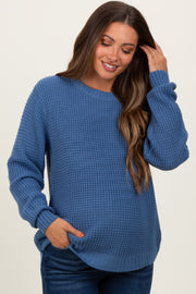 Dark Periwinkle Waffle Knit Rounded Hem Maternity Sweater