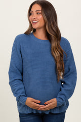 Dark Periwinkle Waffle Knit Rounded Hem Maternity Sweater