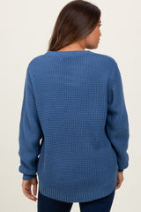 Dark Periwinkle Waffle Knit Rounded Hem Maternity Sweater