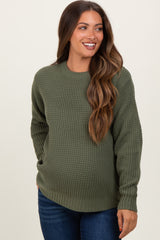 Light Olive Waffle Knit Rounded Hem Maternity Sweater