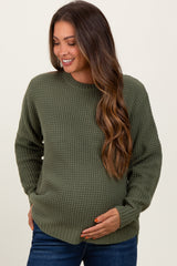 Light Olive Waffle Knit Rounded Hem Maternity Sweater