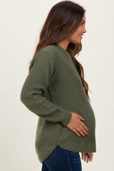 Light Olive Waffle Knit Rounded Hem Maternity Sweater