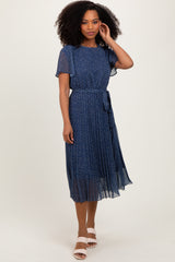 Navy Leaf Print Pleated Midi Dress