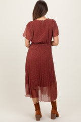 Burgundy Leaf Print Pleated Maternity Midi Dress