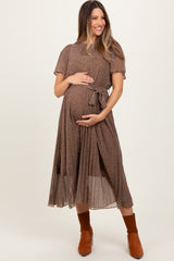 Mocha Leaf Print Pleated Maternity Midi Dress