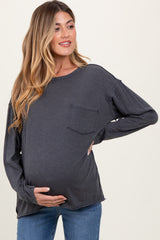 Charcoal Mineral Wash Front Pocket Long Sleeve Maternity Top