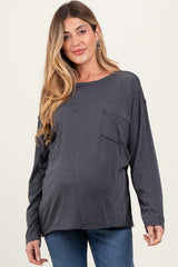 Charcoal Mineral Wash Front Pocket Long Sleeve Maternity Top