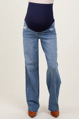 Blue Vintage Wash Raw Hem Wide Leg Maternity Jeans