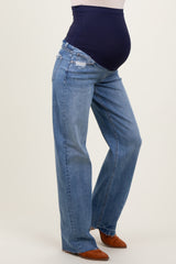 Blue Vintage Wash Raw Hem Wide Leg Maternity Jeans