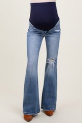 Blue Distressed Knee Flare Maternity Jeans