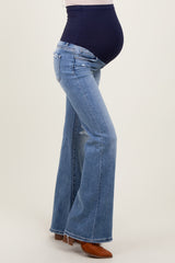 Blue Distressed Knee Flare Maternity Jeans