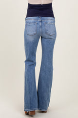 Blue Distressed Knee Flare Maternity Jeans