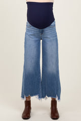 Blue Distressed Hem Cropped Wide Leg Maternity Jeans