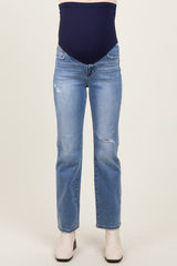 Light Blue Distressed Knee Ankle Straight Leg Maternity Jeans