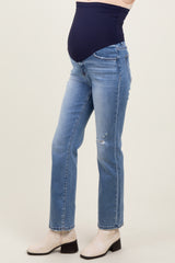 Light Blue Distressed Knee Ankle Straight Leg Maternity Jeans