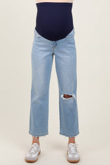 Light Blue Distressed Open Knee Maternity Straight Leg Jeans