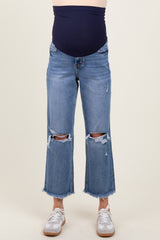 Blue Open Knee Fringe Hem Cropped Wide Leg Maternity Jeans