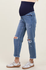 Blue Open Knee Fringe Hem Cropped Wide Leg Maternity Jeans