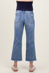 Blue Open Knee Fringe Hem Cropped Wide Leg Maternity Jeans