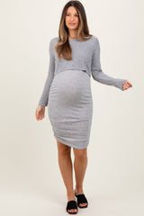 Heather Grey Layered Top Ruched Maternity/Nursing Midi Dress