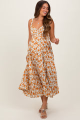 Peach Floral Pleated Maternity Midi Dress