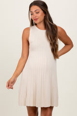 Cream Ribbed Pleated Knit Sleeveless Maternity Mini Dress