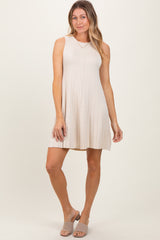 Cream Ribbed Pleated Knit Sleeveless Mini Dress