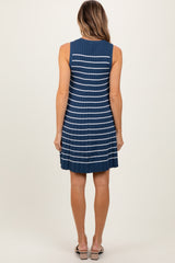 Navy Ribbed Pleated Knit Sleeveless Mini Dress