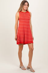 Orange Ribbed Pleated Knit Sleeveless Mini Dress